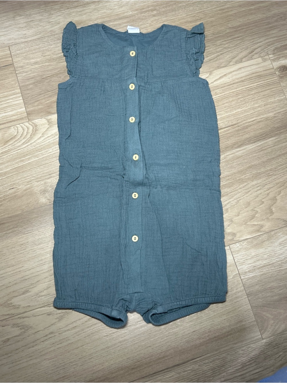 H&M Slate Blue Muslin Button Romper with Ruffle Sleeves